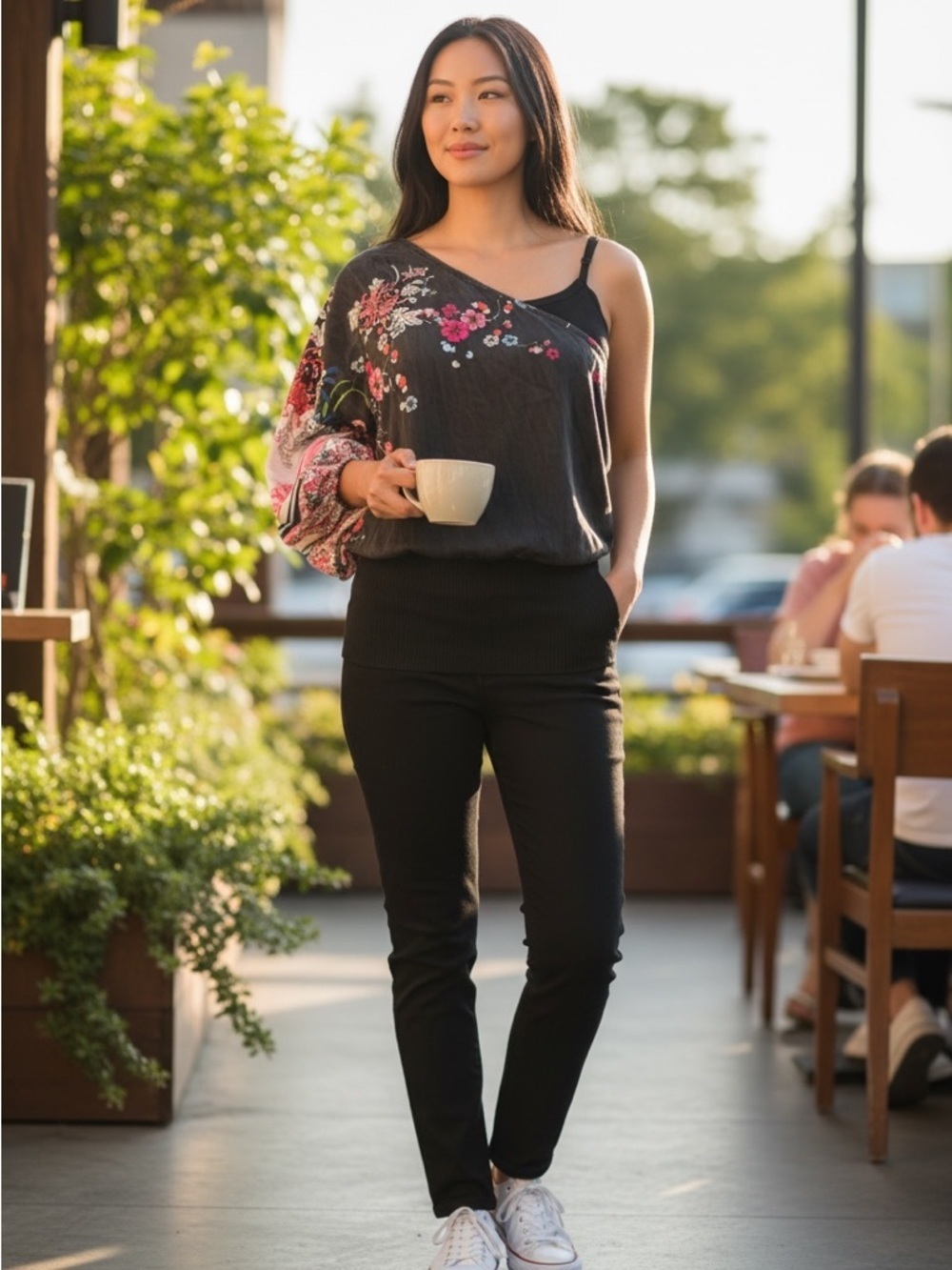 3/$30 ☀️ Bebe Silk Black Floral One Shoulder Whimsy Blouse